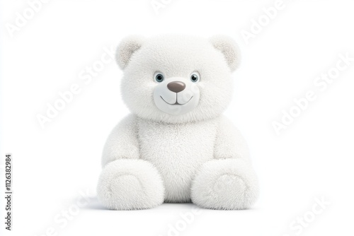 A cute, fluffy white teddy bear with a friendly smile, perfect for cuddling and providing comfort.