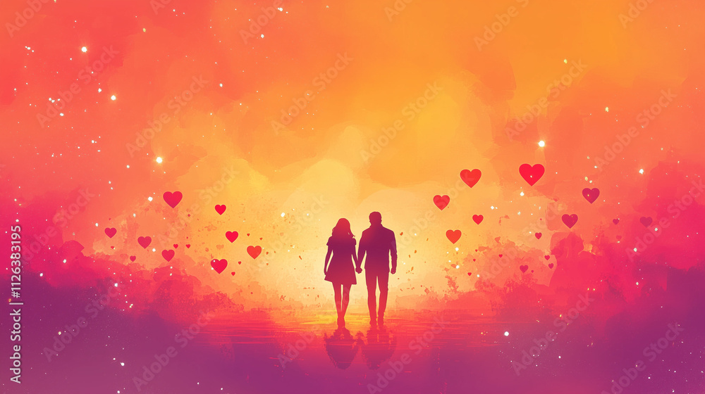 Valentine's Day banner design with love theme, featuring silhouette of couple holding hands in the center, surrounded by sparkling red hearts, Ai generated images Valentine's Day banner design with love theme, featuring silhouette of couple holding hands in the center, surrounded by sparkling red hearts, Ai generated images