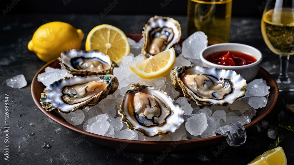 Fresh oysters with lemon and ice. Restaurant delicacy. oysters dish. Oyster dinner with champagne in restaurant, banner, menu, recipe place for text, top view, Fresh oysters with lemon and ice. Restaurant delicacy. oysters dish. Oyster dinner with champagne in restaurant, banner, menu, recipe place for text, top view,