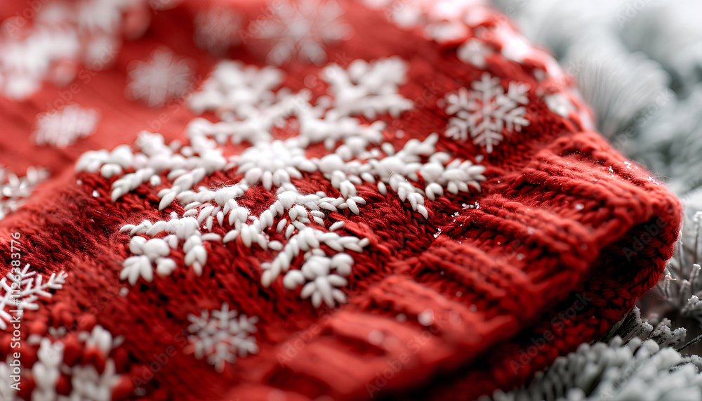 Warm red Christmas sweater with snowflake as background, closeup view Warm red Christmas sweater with snowflake as background, closeup view