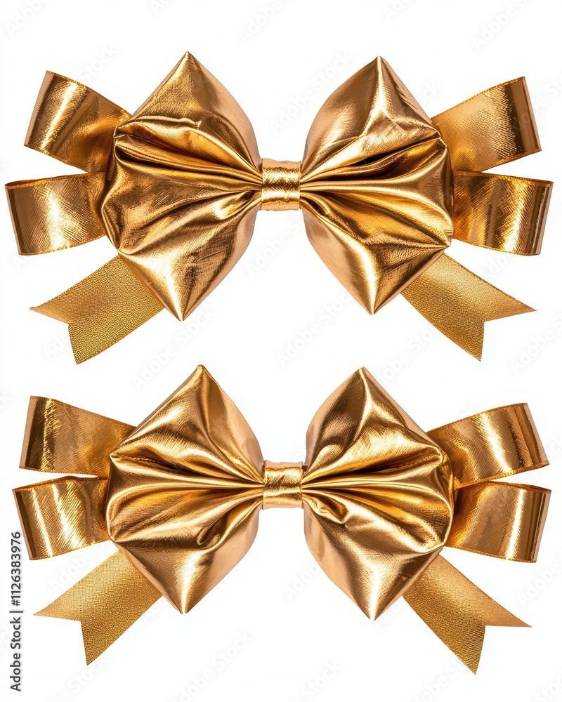 Shiny Metallic Gold Ribbon Bows on White Background Elegant and Festive Decorations for Gift Wrapping and Celebrations