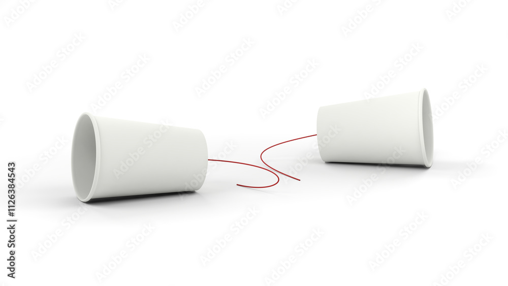 Paper cups and non-stretchable string isolated on white background. Speech-transmitting device. Broken. Disconnected. 3d illustration. Paper cups and non-stretchable string isolated on white background. Speech-transmitting device. Broken. Disconnected. 3d illustration.