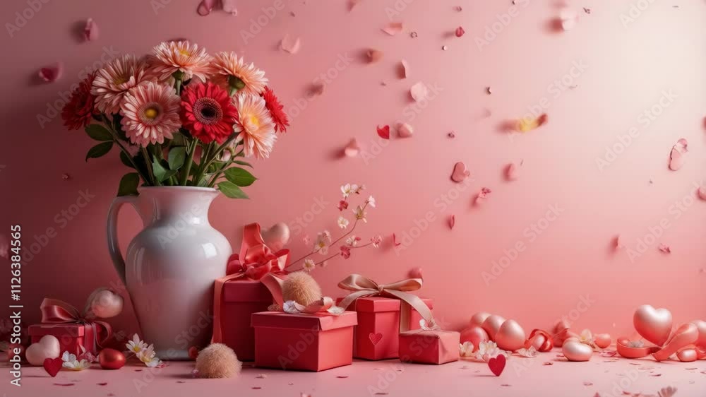 A white vase with red flowers sits on a table next to a red box. The scene is set against a pink background, giving it a romantic and festive feel