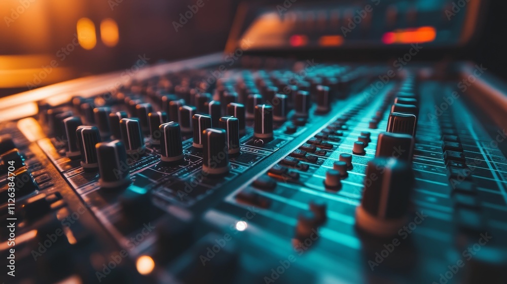 Audio mixing board, knobs, faders, illuminated. Audio mixing board, knobs, faders, illuminated.