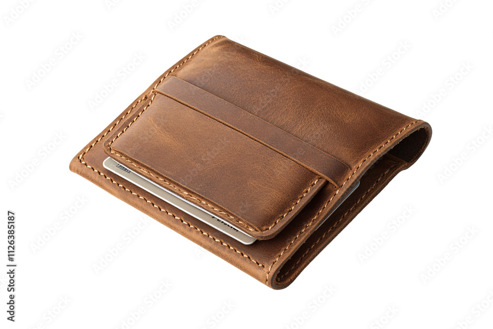 a brown leather wallet with a card inside a brown leather wallet with a card inside
