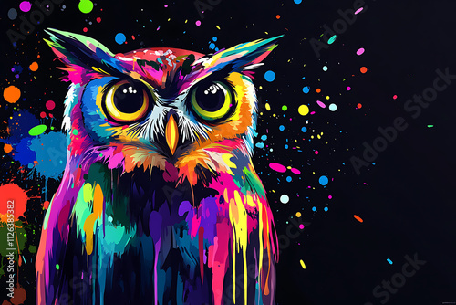 A vibrant, colorful owl illustration with splashes of paint on a dark background. photo