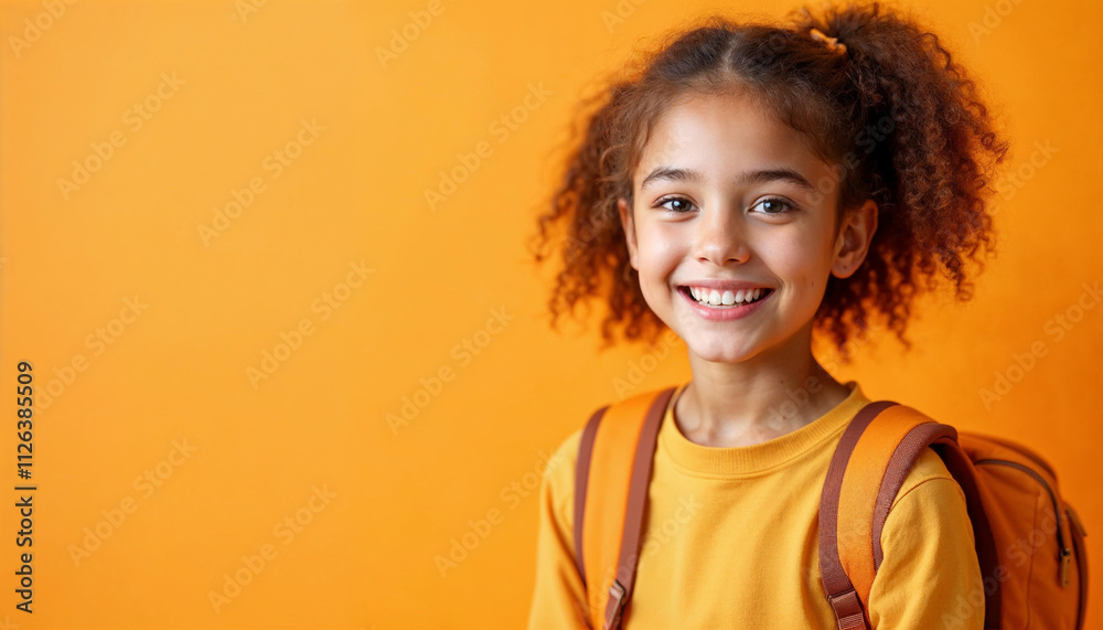 A cheerful schoolgirl with a backpack, smiling against a soft light orange background.
A cheerful schoolgirl with a backpack, smiling against a soft light orange background.