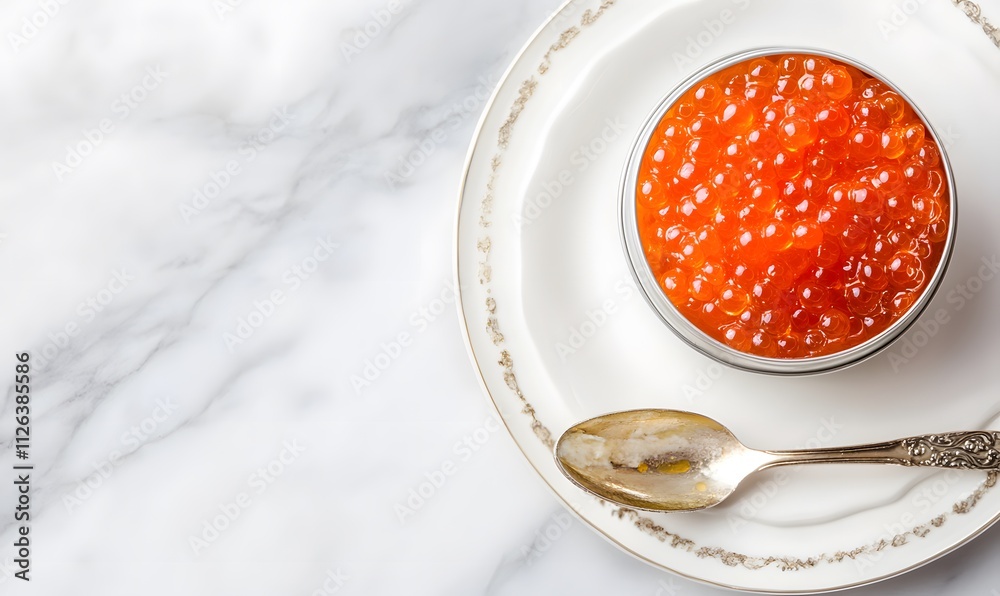 red caviar in a can on a white plate with a vintage spoon and cream cheese butter for toasting bread, Generative AI 