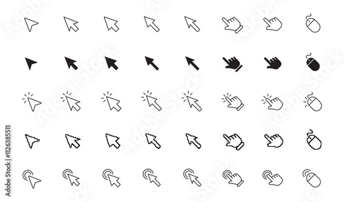 Computer mouse click cursor arrow icons set Clicking cursor. Hand cursors icons click set. Pointer click icon. vector illustration