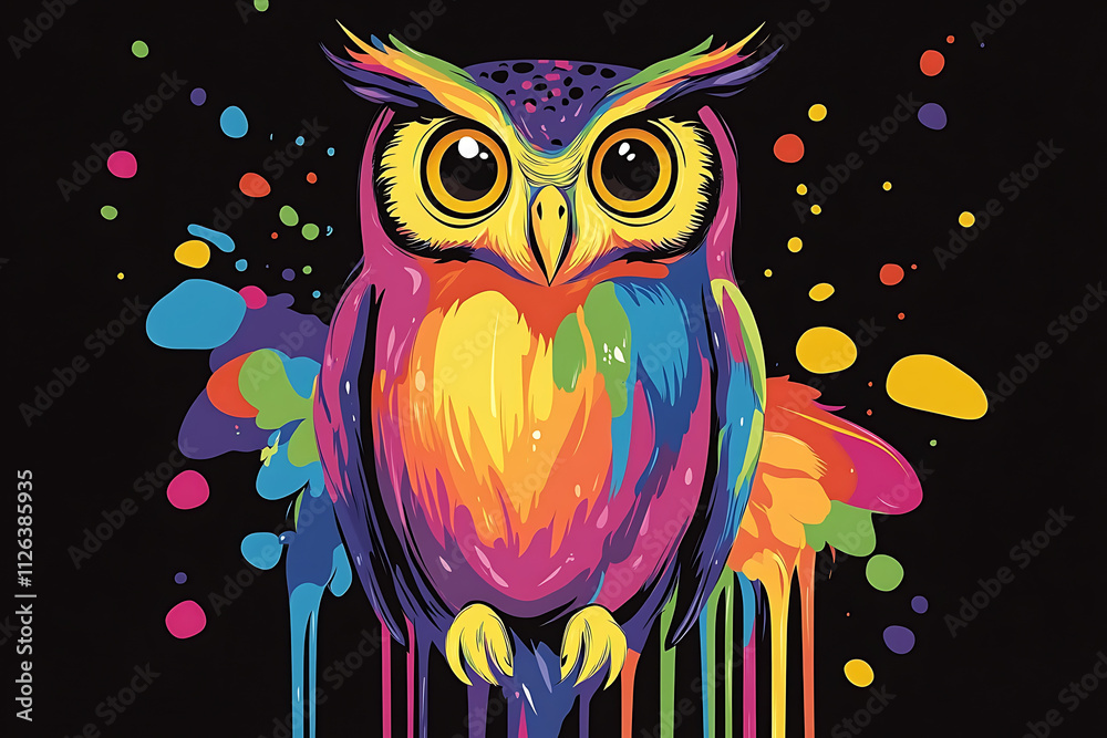 Naklejka premium A colorful, stylized owl illustration with vibrant splashes of paint on a black background.