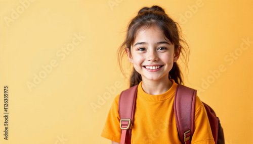 A cheerful schoolgirl with a backpack, smiling against a soft light orange background.

 photo