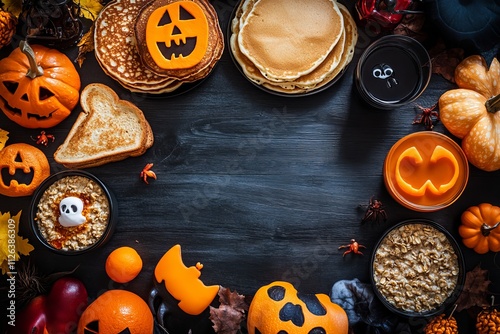 halloween candy corn and pumpkin, Spooky Halloween breakfast table scene over a dark wood background. Above view. Variety of pancakes, toast, oatmeal and fruit photo