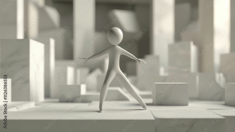 White figure stands amid white geometric forms. White figure stands amid white geometric forms.