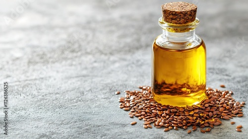 Glass bottle of golden flaxseed oil on concrete surface