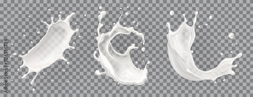 Milk jet, milky splash, vector realistic liquid white splash on isolated background. 3d illustration.