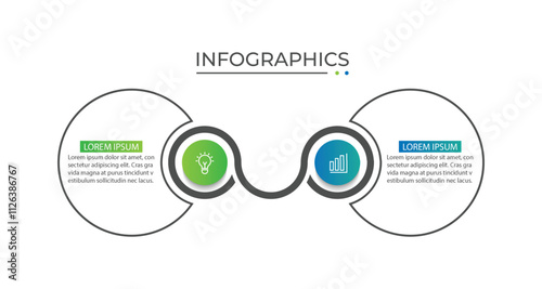 Business infographic thin line process with circle template design with icons and 2 options or steps.