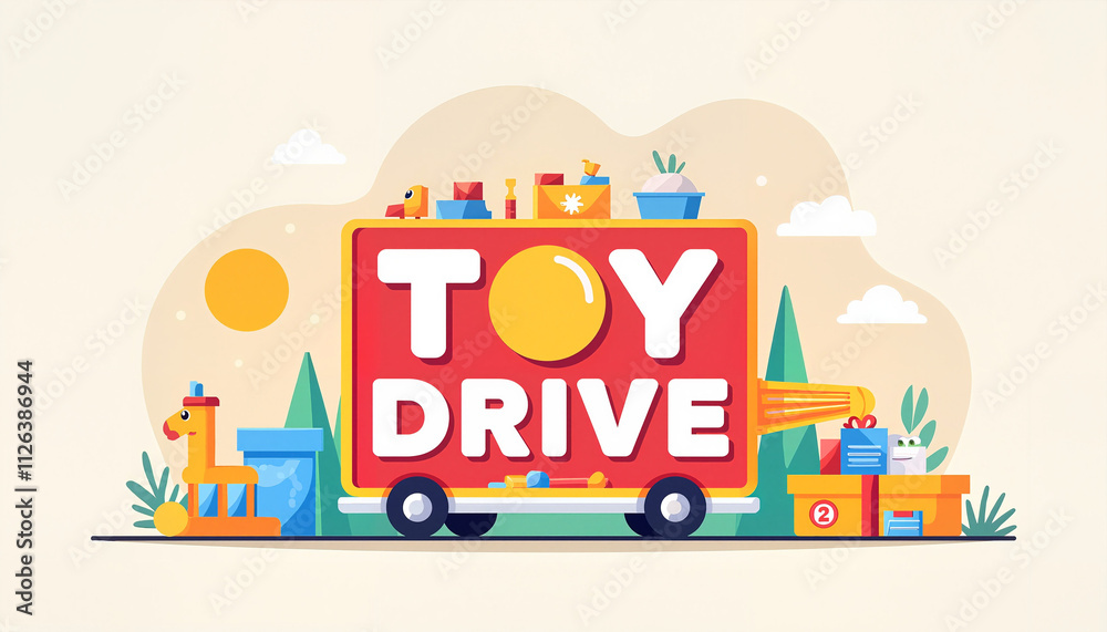Obraz premium Colorful illustration of Toy Drive truck filled with toys and decorations in playful design