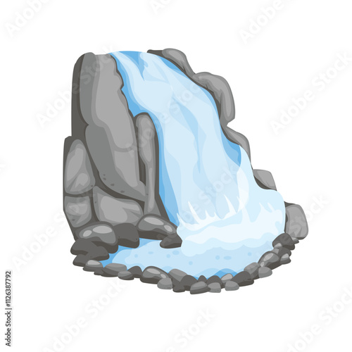 Cartoon landscapes with mountains on white background.Picturesque tourist attraction with small waterfall.River waterfall falls from cliff on white background. vector illustration.