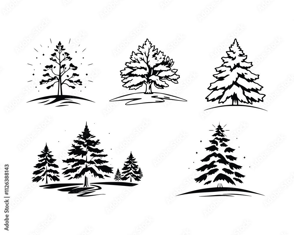 Obraz premium set of snow tree black line illustration isolated background