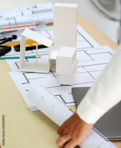 Construction and structure concept of Engineer or architect meeting for project working with partner and engineering tools on model building and blueprint in working site, contract for both companies. photo