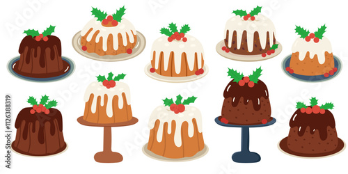 Christmas pudding, fruit cake with holly berry set.