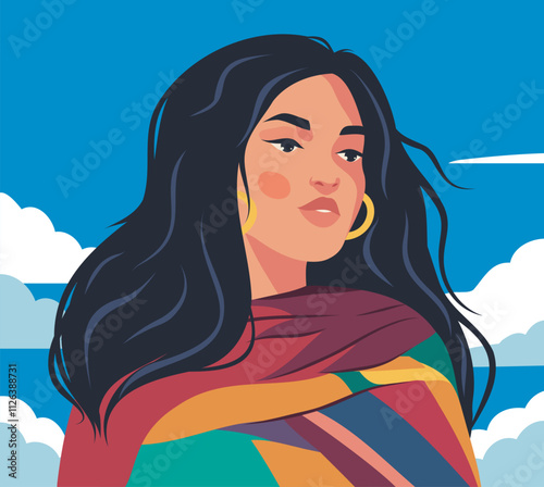 Vector portrait of a Native American woman. Beautiful American woman against the sky. Freedom, strength, beauty, equality. Feminism. Movements for gender equality and women's empowerment.