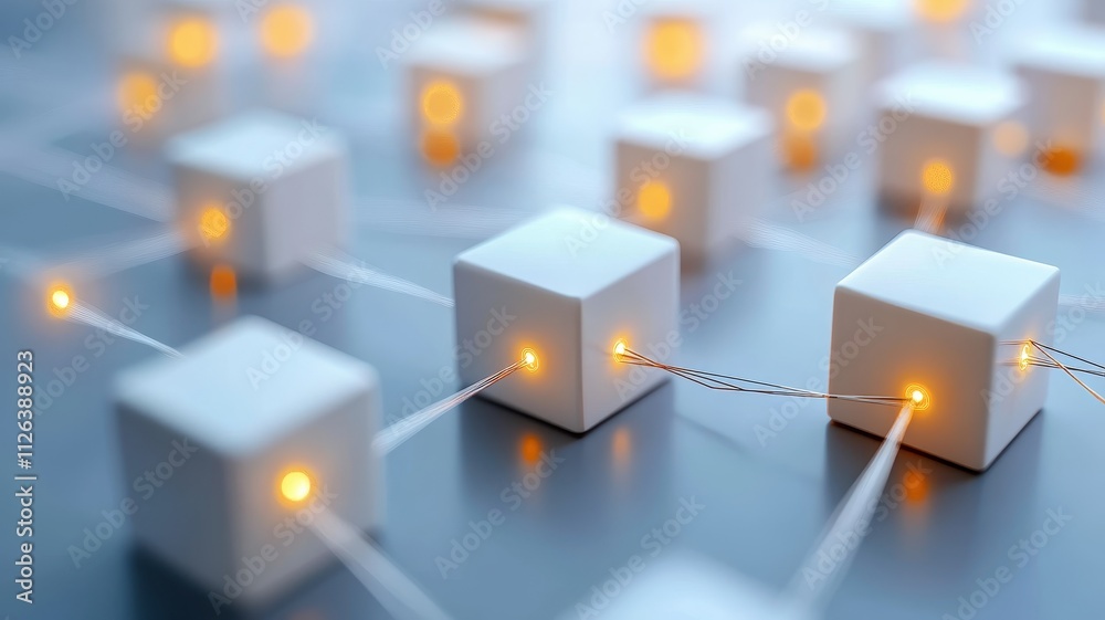 Futuristic floating cubes interconnected with glowing lines, creating a mesmerizing digital landscape. Futuristic floating cubes interconnected with glowing lines, creating a mesmerizing digital landscape.