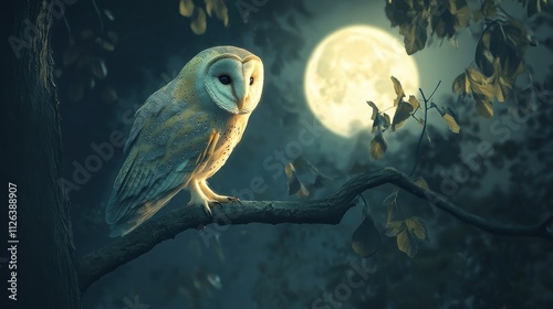 Barn owl perched on branch under full moon. photo