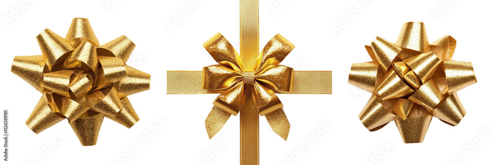 collection of shiny gold gift bows with textured ribbon loops and crossed ribbon on white background, perfect for luxury gift wrapping, cutout, PNG collection of shiny gold gift bows with textured ribbon loops and crossed ribbon on white background, perfect for luxury gift wrapping, cutout, PNG