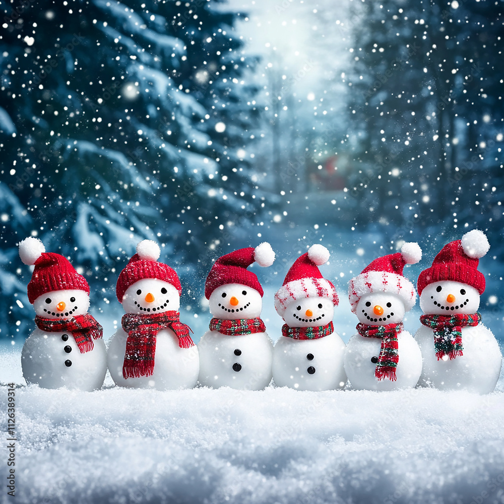 Merry Christmas and happy New Year greeting card with copy-space. Many snowmen standing in winter Christmas landscape. Merry Christmas and happy New Year greeting card with copy-space. Many snowmen standing in winter Christmas landscape.