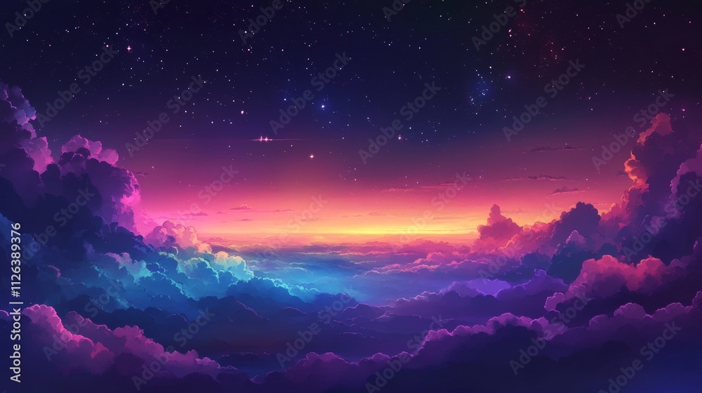 Beautiful Cloudy Night Sky, Colorful Sun Setting Landscape, Dreamy Fantasy Horizon Beautiful Cloudy Night Sky, Colorful Sun Setting Landscape, Dreamy Fantasy Horizon