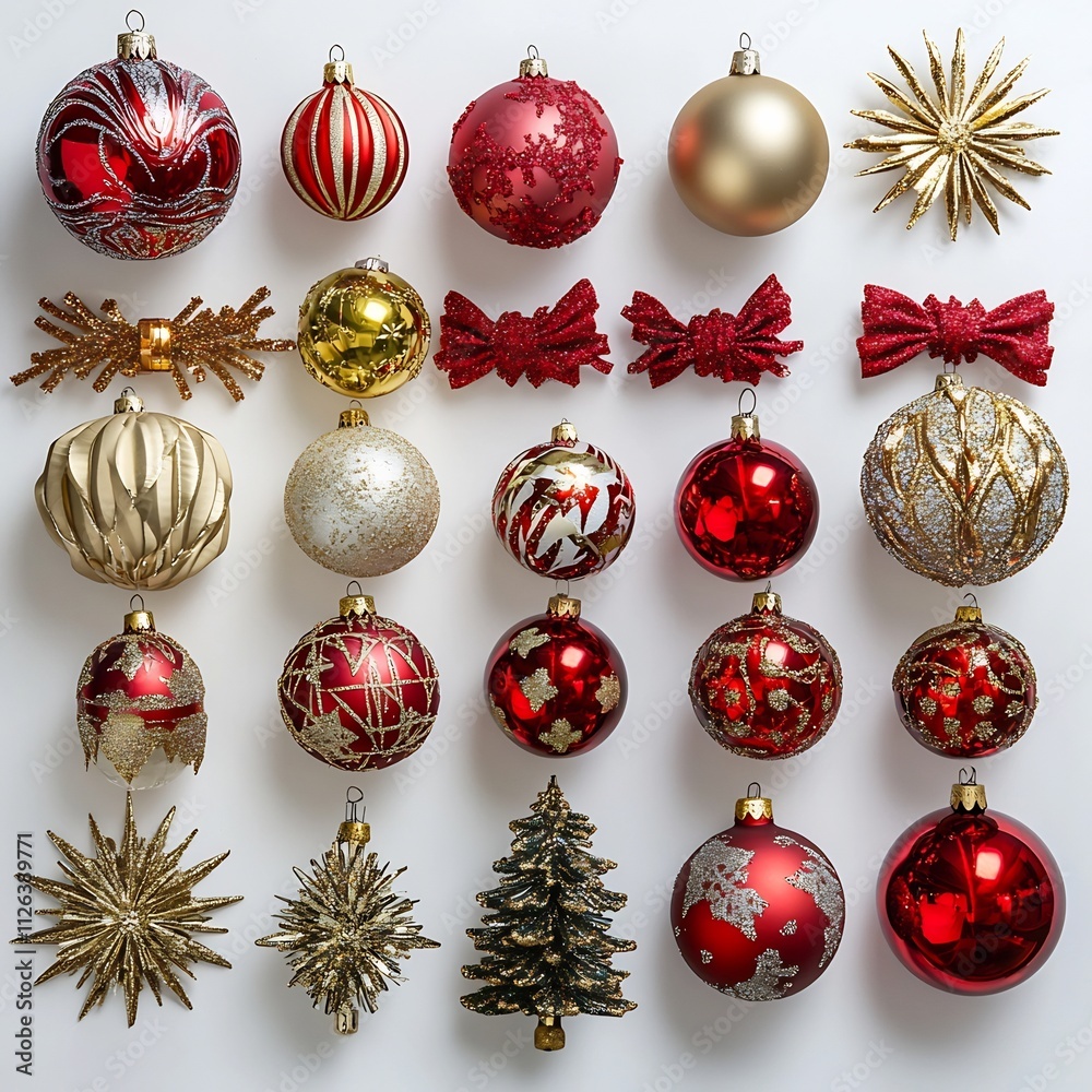 Meticulously Curated New Year Collection with Shiny Ornaments Baubles and Festive Elements on White Background Meticulously Curated New Year Collection with Shiny Ornaments Baubles and Festive Elements on White Background