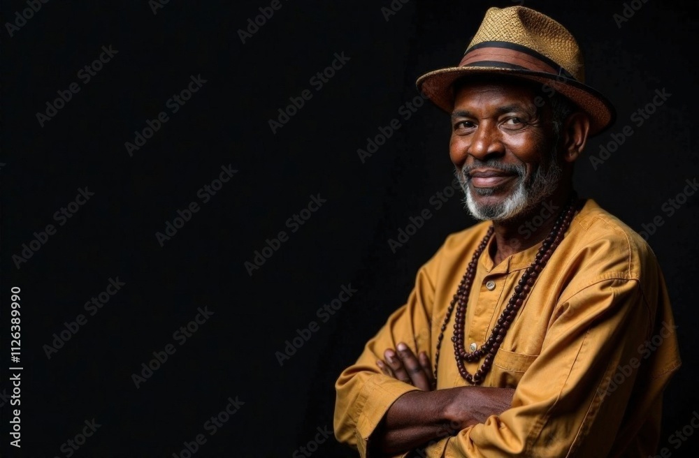 Portrait of an elderly African American man in traditional clothing. The scene expresses respect for the roots, heritage and wisdom of the older generation. Deep black background Portrait of an elderly African American man in traditional clothing. The scene expresses respect for the roots, heritage and wisdom of the older generation. Deep black background