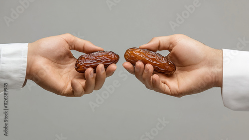 Muslim hands share a fistful of dates. ramadan kareem concept