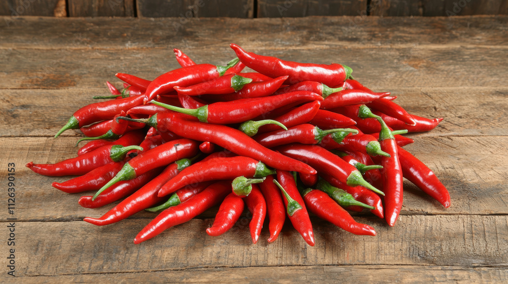 A neatly arranged pile of fresh red hot chili peppers on an aged brown wooden table, with a few peppers casually placed around, emphasizing their vibrant color and natural shine A neatly arranged pile of fresh red hot chili peppers on an aged brown wooden table, with a few peppers casually placed around, emphasizing their vibrant color and natural shine