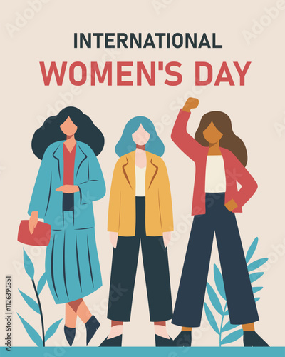 Trendy flat illustration strong women stand together. Happy women's day. Concept of equality of women's protection and freedom, women's empowerment. Vector flat style postcard