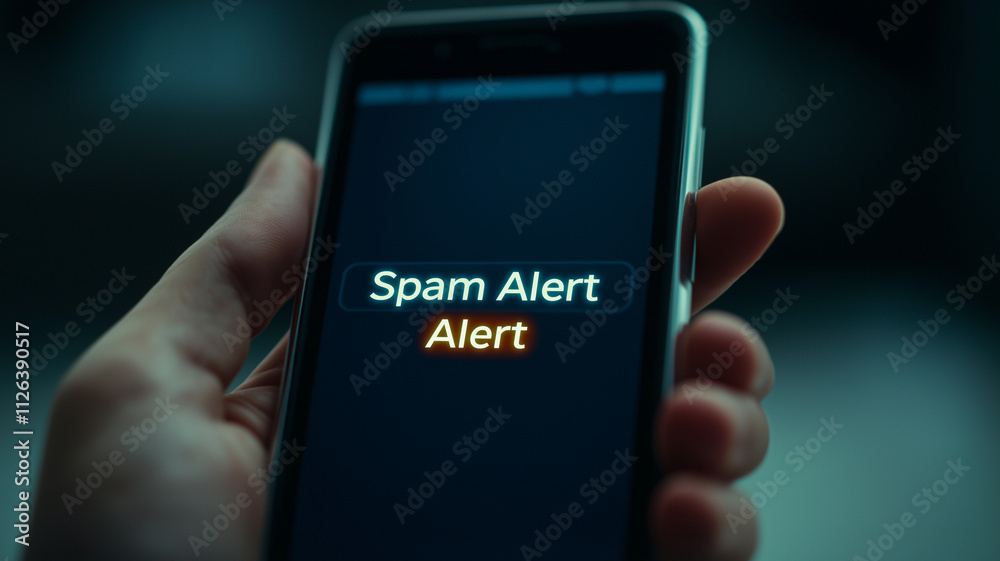 Prevention Spam Calls on Mobile Phones. close up of hand holding smartphone displaying glowing Spam Alert notification on screen, emphasizing caution against unwanted calls or messages Prevention Spam Calls on Mobile Phones. close up of hand holding smartphone displaying glowing Spam Alert notification on screen, emphasizing caution against unwanted calls or messages