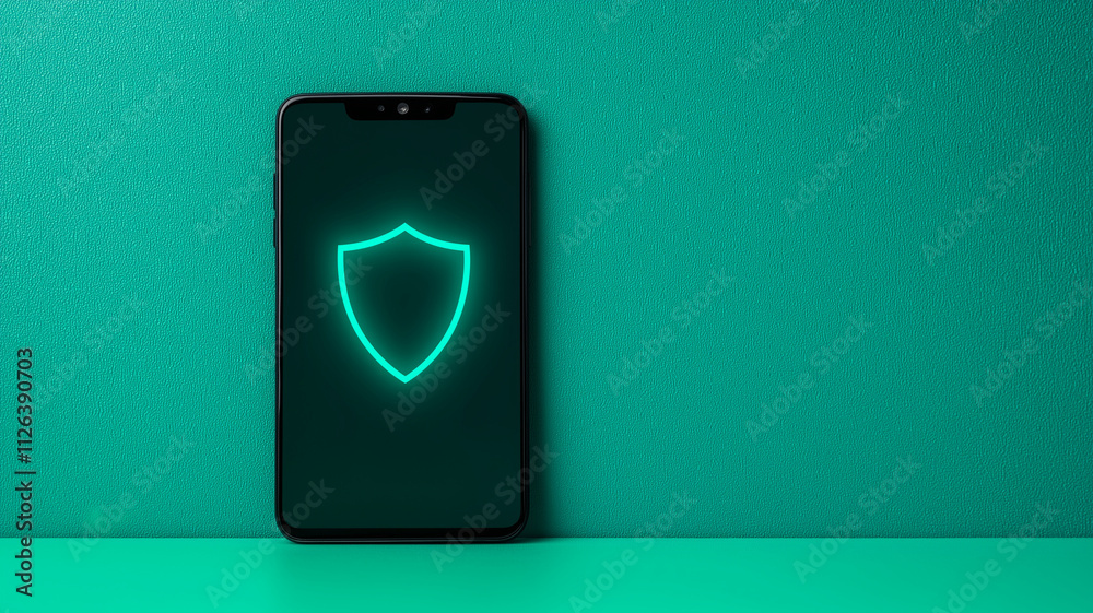 Prevention Spam Calls on Mobile Phones. smartphone with glowing shield icon on its screen, symbolizing cybersecurity and data protection, placed against vibrant green background Prevention Spam Calls on Mobile Phones. smartphone with glowing shield icon on its screen, symbolizing cybersecurity and data protection, placed against vibrant green background