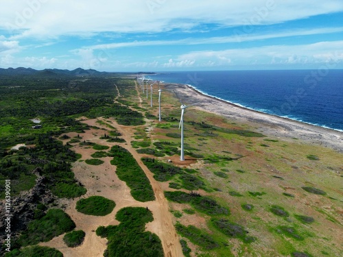 Coast line, Bonaire, drone, windmill park