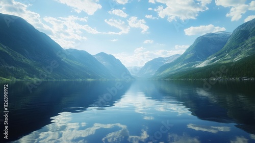 Serene mountain lake reflecting sky and clouds. (1) photo