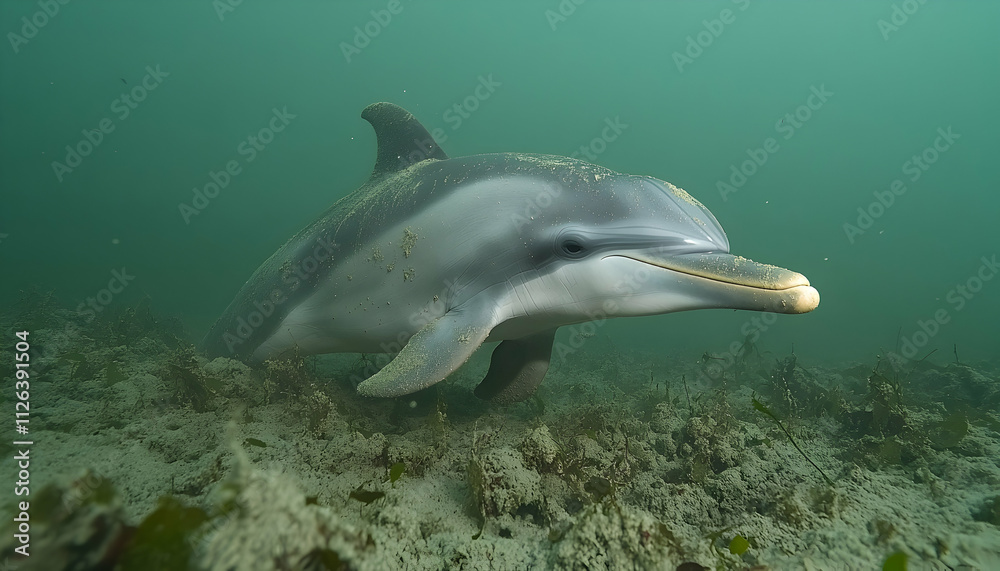 Naklejka premium Dolphin swimming underwater near seabed.