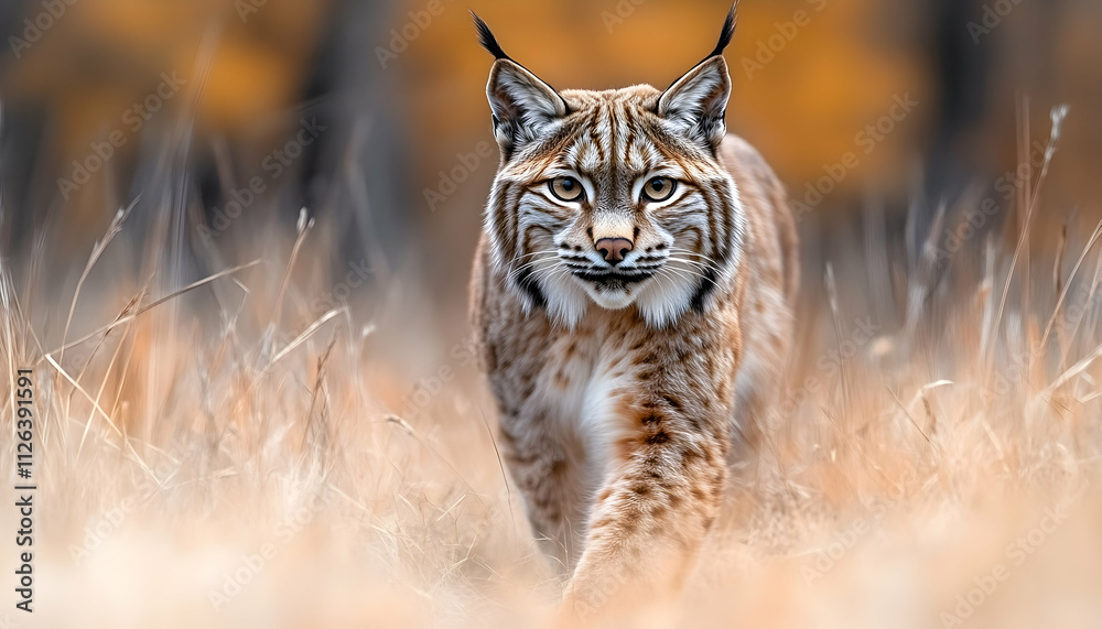 Fototapeta premium Eurasian lynx walking through tall autumn grass.