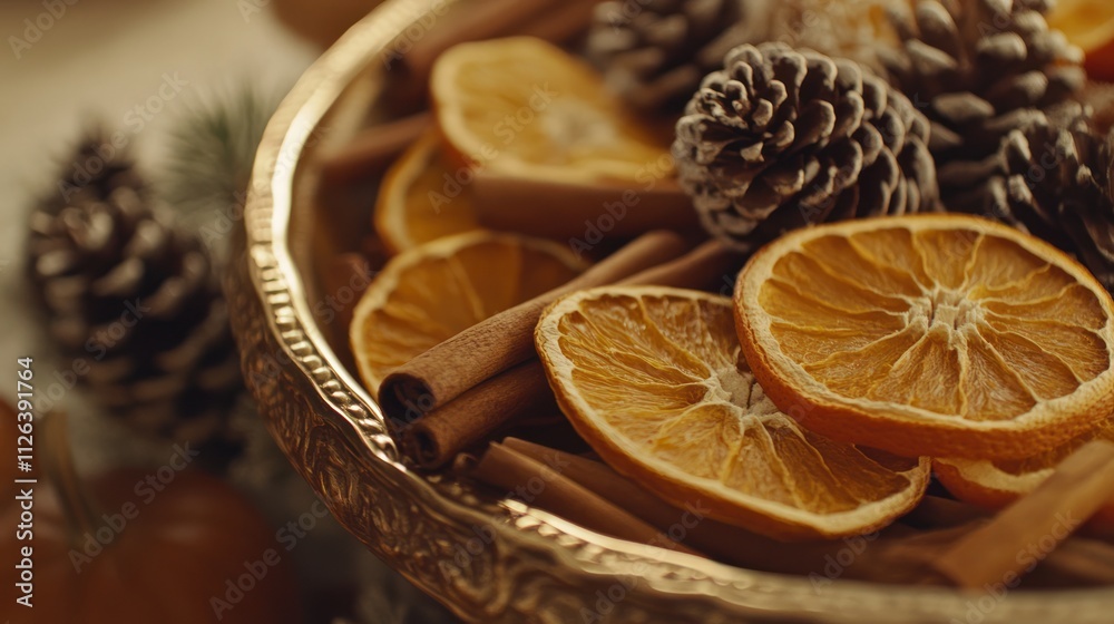 Dried oranges, cinnamon, pine cones in bowl. (1) Dried oranges, cinnamon, pine cones in bowl. (1)