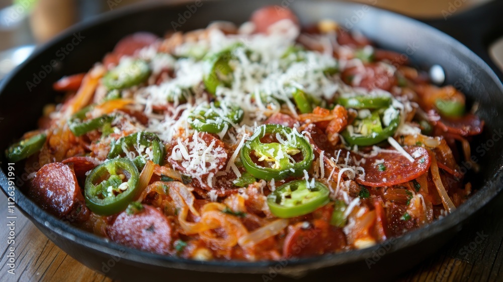 A delicious skillet dish featuring pepperoni, jalape?os, cheese, and vegetables.