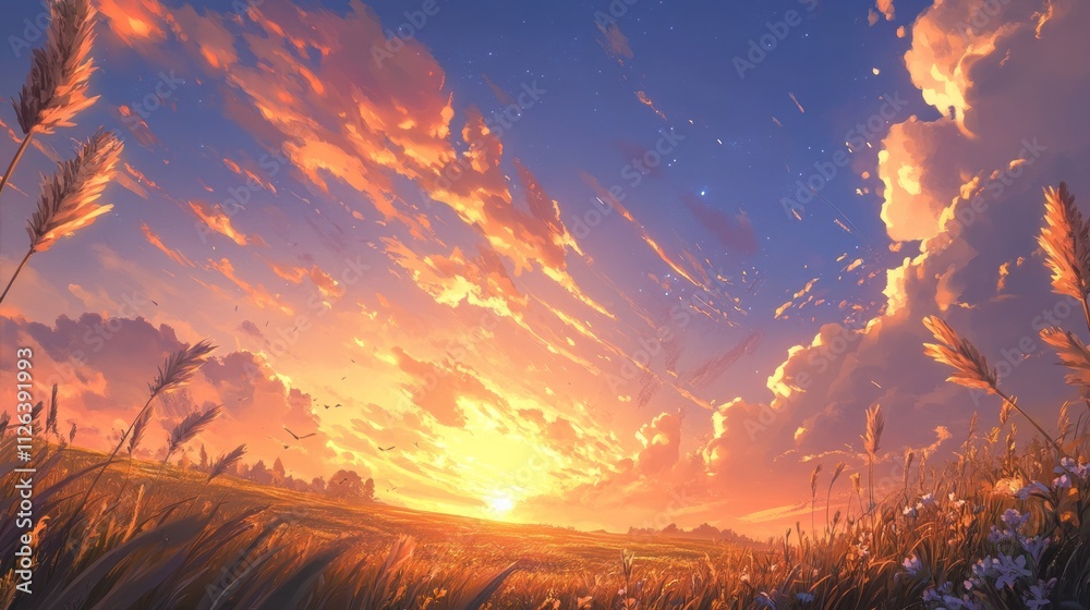 A vibrant sunset over a field, with colorful clouds and silhouettes of plants. A vibrant sunset over a field, with colorful clouds and silhouettes of plants.