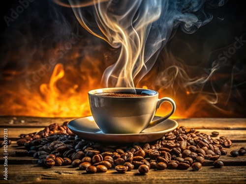 Aromatic coffee steam rises from a cozy cup, capturing the essence of a perfect morning coffee break.