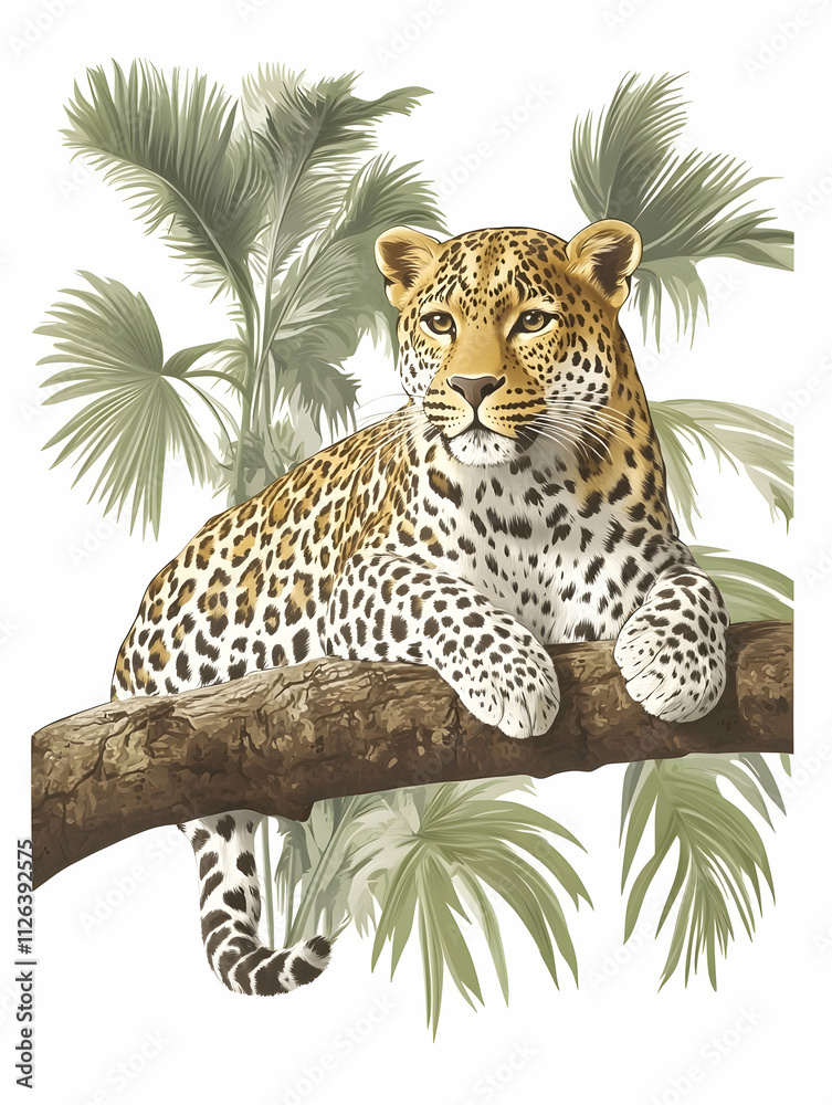 Naklejka premium Leopard resting on a tree branch amidst lush tropical foliage.