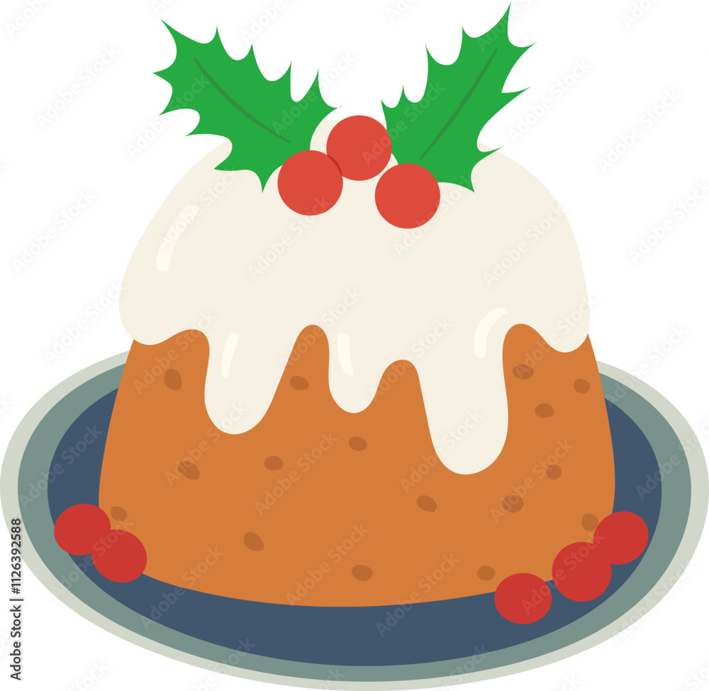 Christmas pudding, fruit cake with holly berry. Christmas pudding, fruit cake with holly berry.