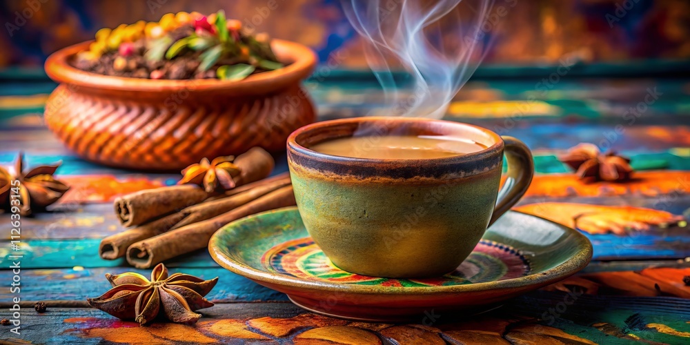 Masala Chai Clay Cup, Colorful Background - Vibrant Indian Beverage Photography Masala Chai Clay Cup, Colorful Background - Vibrant Indian Beverage Photography
