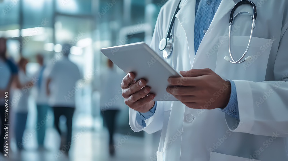A male doctor using a digital tablet in a hospital setting. A male doctor using a digital tablet in a hospital setting.